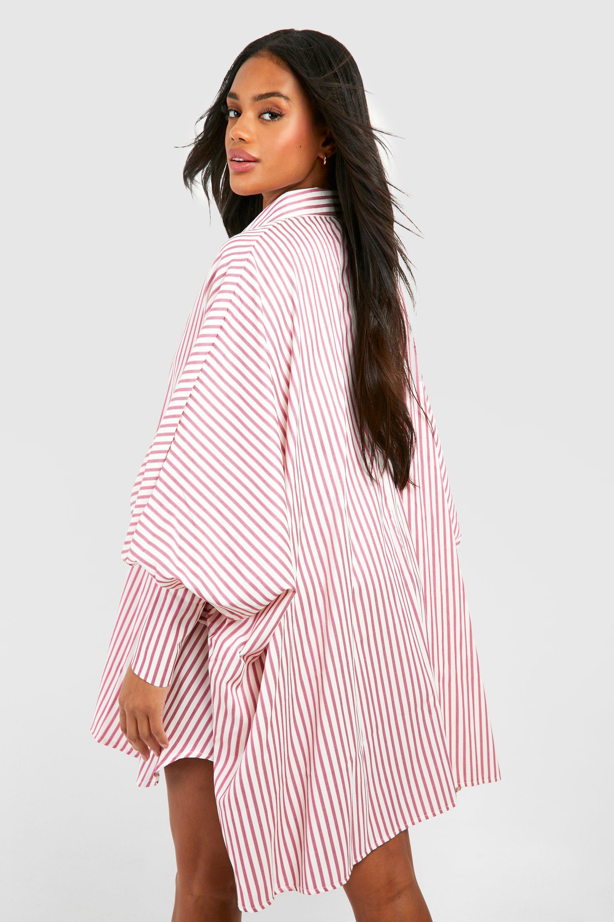 Textured Stripe Oversized Batwing Balloon Sleeve Shirt Dress